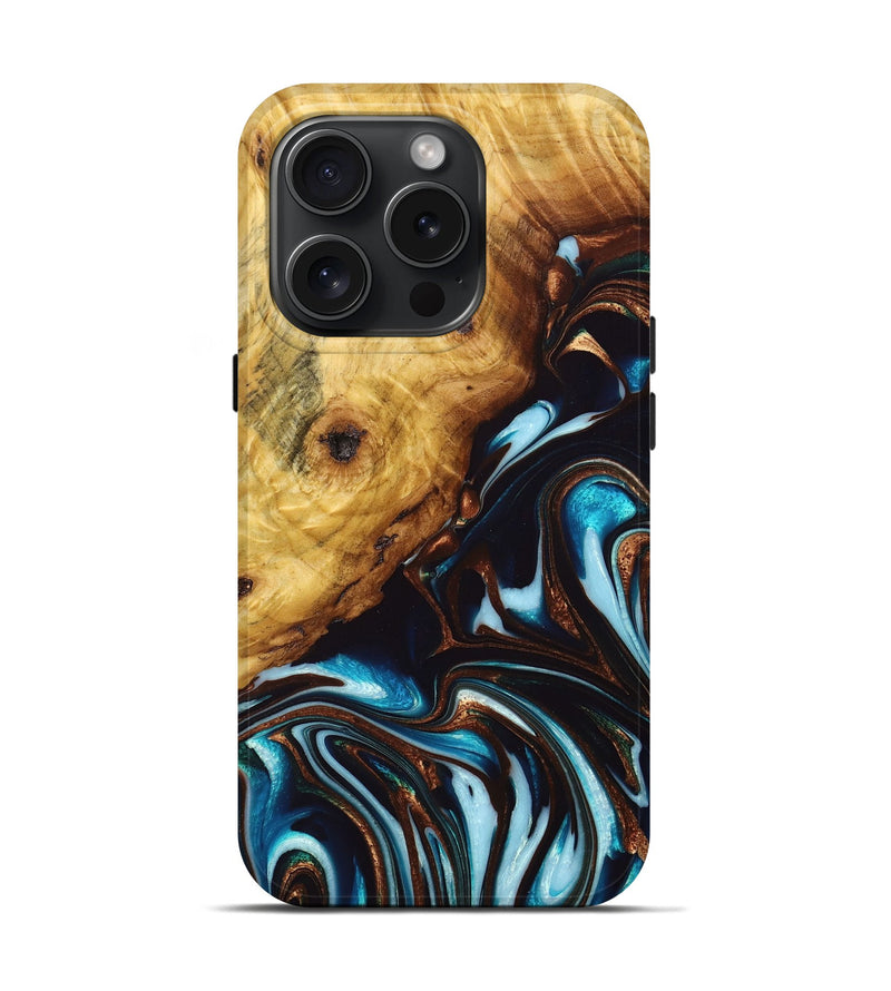 iPhone 15 Pro Wood+Resin Live Edge Phone Case - Joyce (Teal & Gold, 667119)