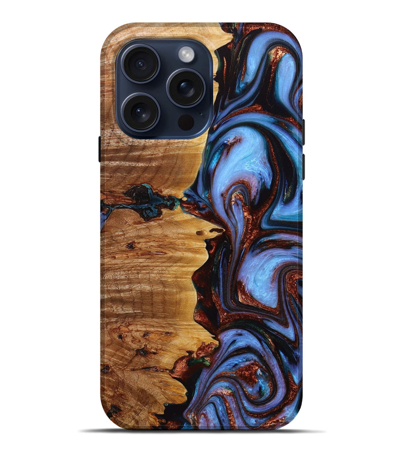 iPhone 15 Pro Max Wood+Resin Live Edge Phone Case - Johnnie (Teal & Gold, 667548)