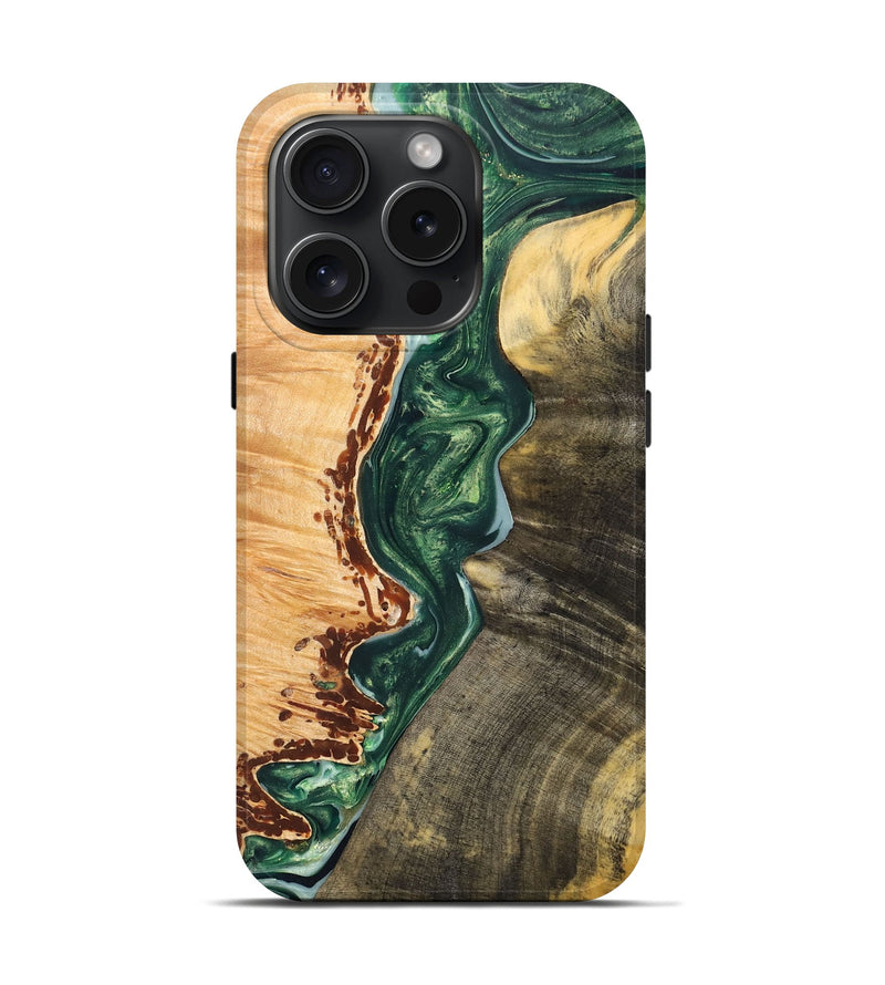 iPhone 15 Pro Wood+Resin Live Edge Phone Case - Lyric (Green, 668092)