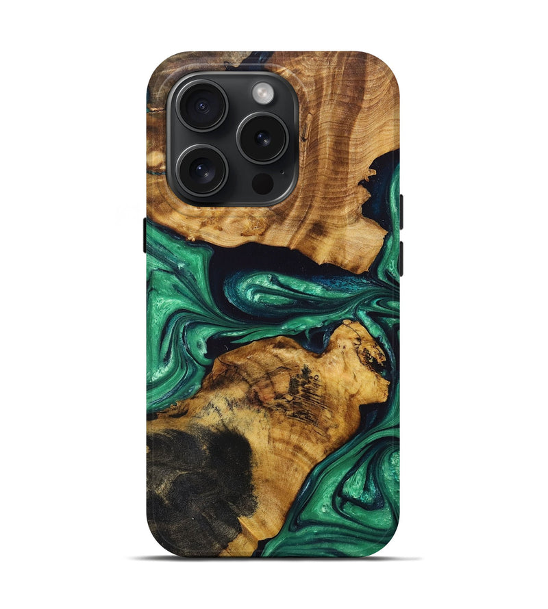 iPhone 15 Pro Wood+Resin Live Edge Phone Case - Kate (Green, 668527)