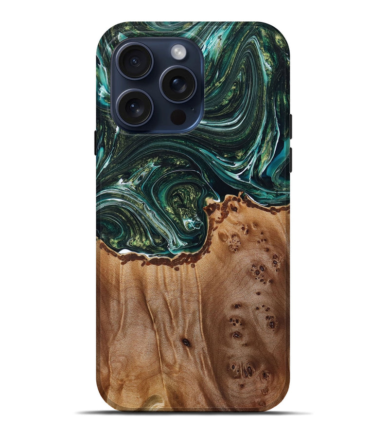 iPhone 15 Pro Max Wood+Resin Live Edge Phone Case - Hallie (Green, 669079)
