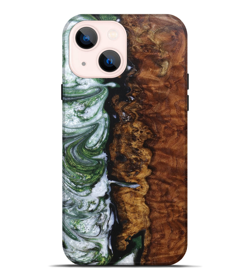 iPhone 14 Plus Wood+Resin Live Edge Phone Case - Emilee (Green, 669268)