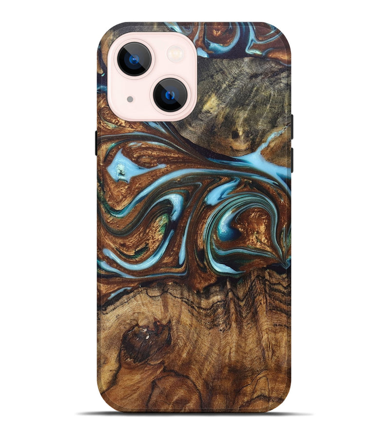 iPhone 14 Plus Wood+Resin Live Edge Phone Case - Aaron (Teal & Gold, 671446)