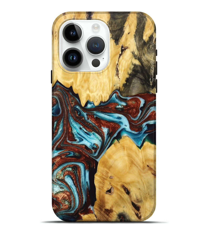 iPhone 15 Pro Max Wood+Resin Live Edge Phone Case - Skye (Teal & Gold, 674078)