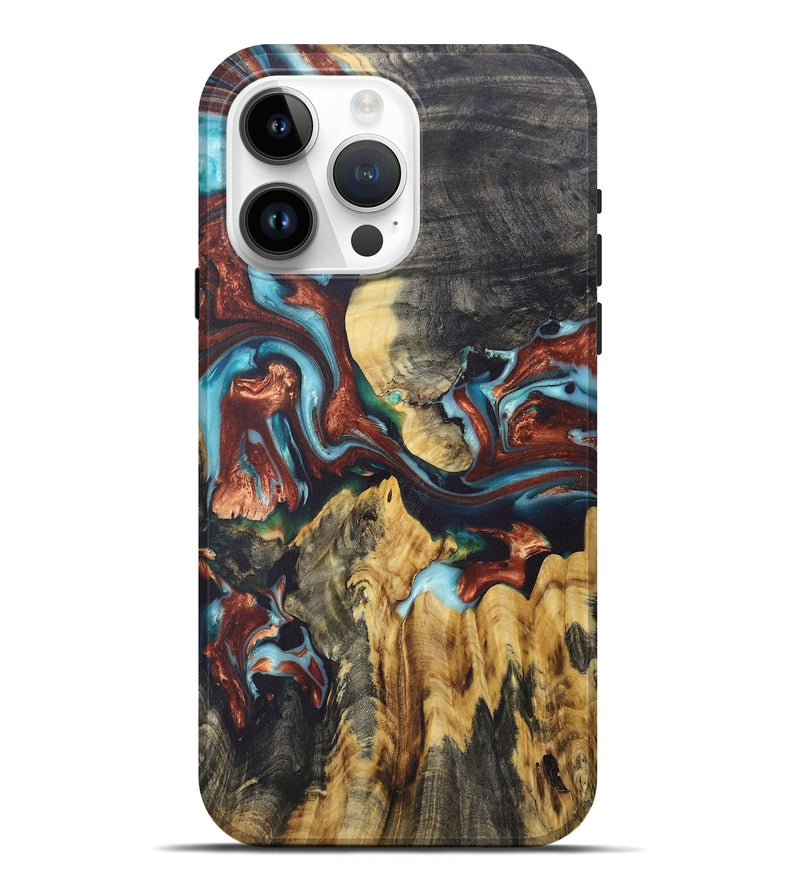 iPhone 15 Pro Max Wood+Resin Live Edge Phone Case - Joselyn (Teal & Gold, 675627)