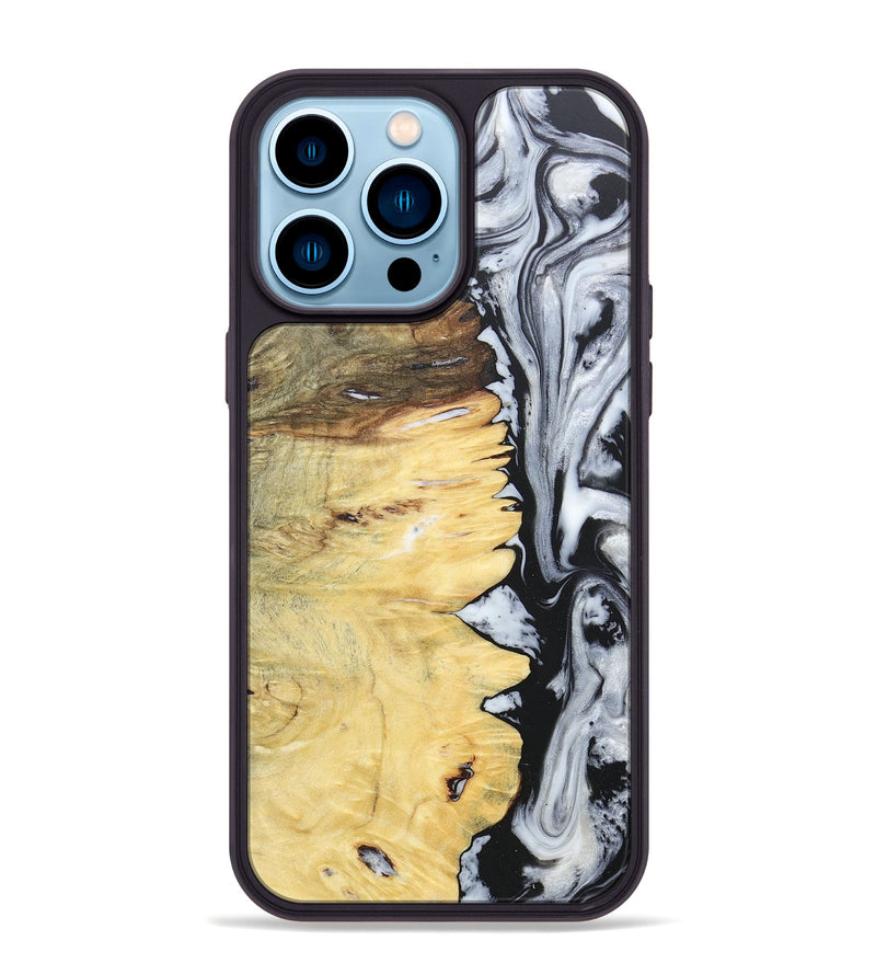 iPhone 14 Pro Max Wood+Resin Phone Case - Alaina (Black & White, 676381)