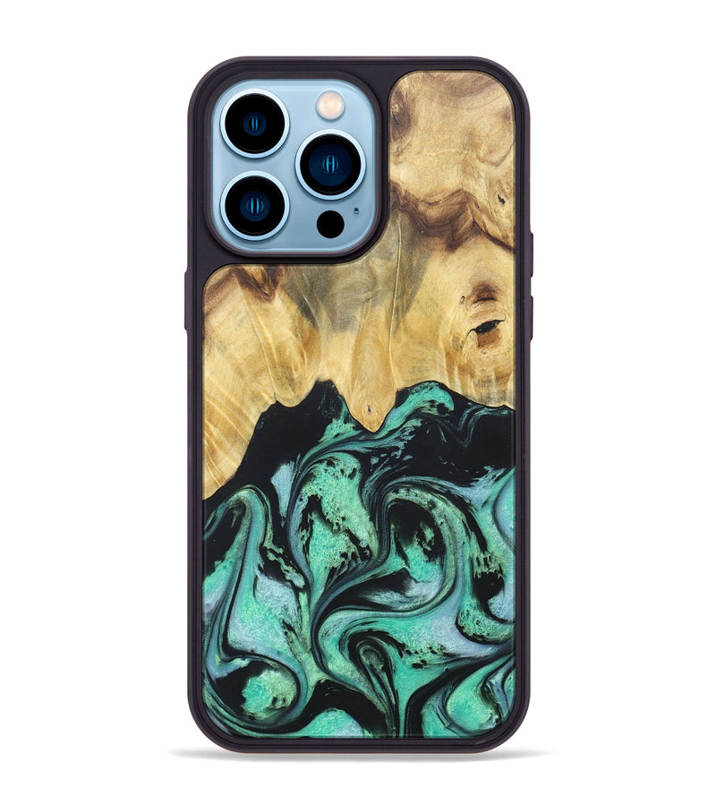 iPhone 14 Pro Max Wood+Resin Phone Case - Cassandra (Green, 677642)