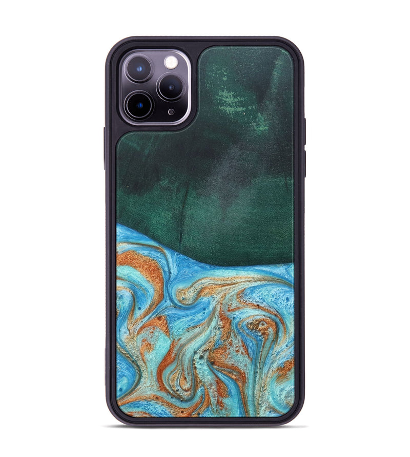 iPhone 11 Pro Max Wood+Resin Phone Case - Tami (Teal & Gold, 681384)