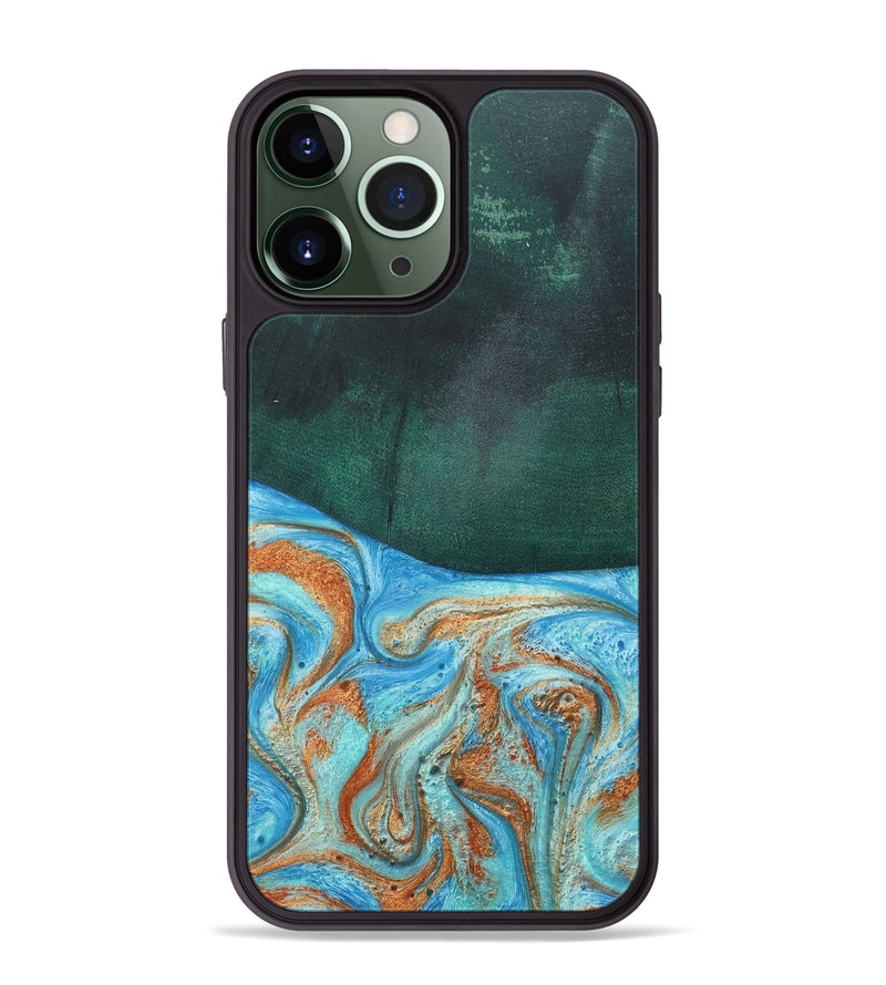 iPhone 13 Pro Max Wood+Resin Phone Case - Tami (Teal & Gold, 681384)