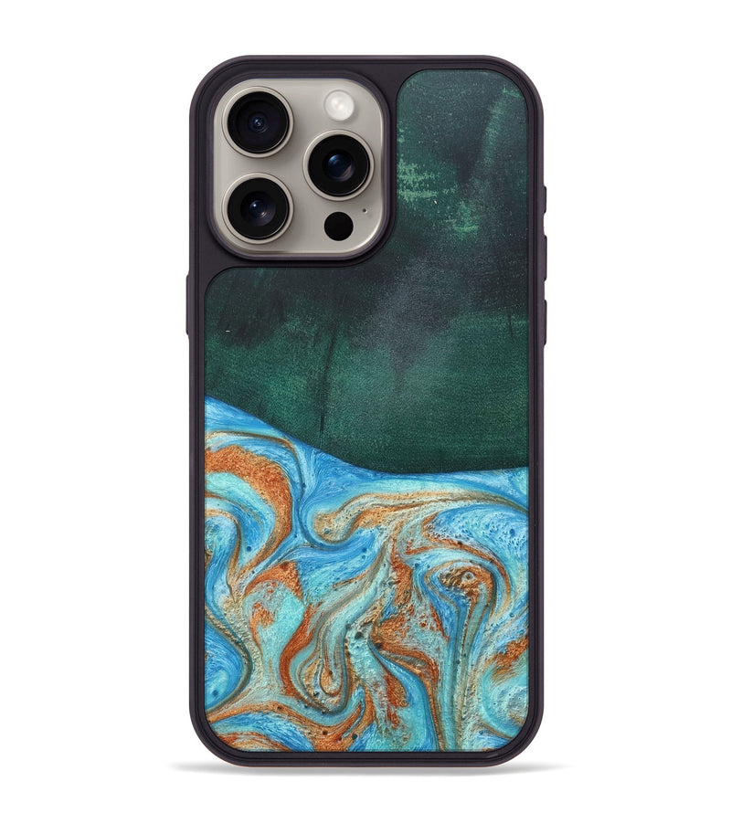 iPhone 15 Pro Max Wood+Resin Phone Case - Tami (Teal & Gold, 681384)