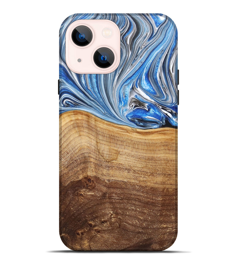 iPhone 14 Plus Wood+Resin Live Edge Phone Case - Bernice (Blue, 682211)