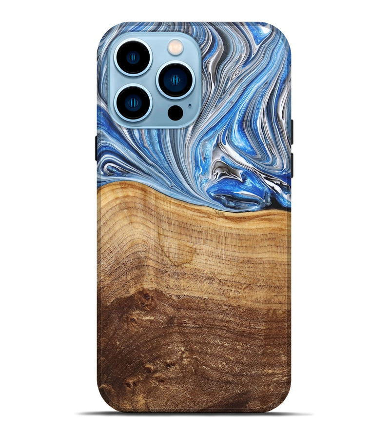 iPhone 14 Pro Max Wood+Resin Live Edge Phone Case - Bernice (Blue, 682211)