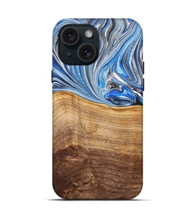 iPhone 15 Wood+Resin Live Edge Phone Case - Bernice (Blue, 682211)