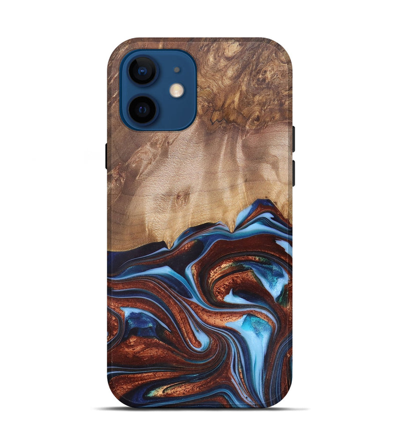 iPhone 12 Wood+Resin Live Edge Phone Case - Issac (Teal & Gold, 682470)
