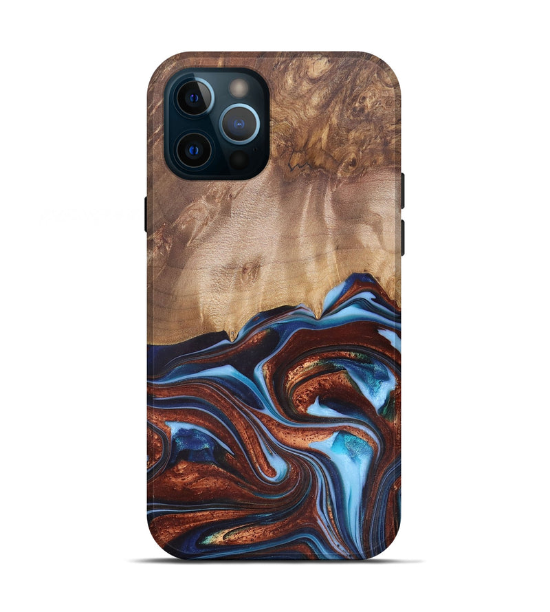 iPhone 12 Pro Wood+Resin Live Edge Phone Case - Issac (Teal & Gold, 682470)