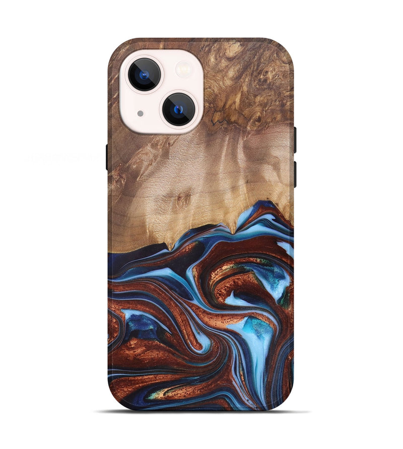 iPhone 13 Wood+Resin Live Edge Phone Case - Issac (Teal & Gold, 682470)