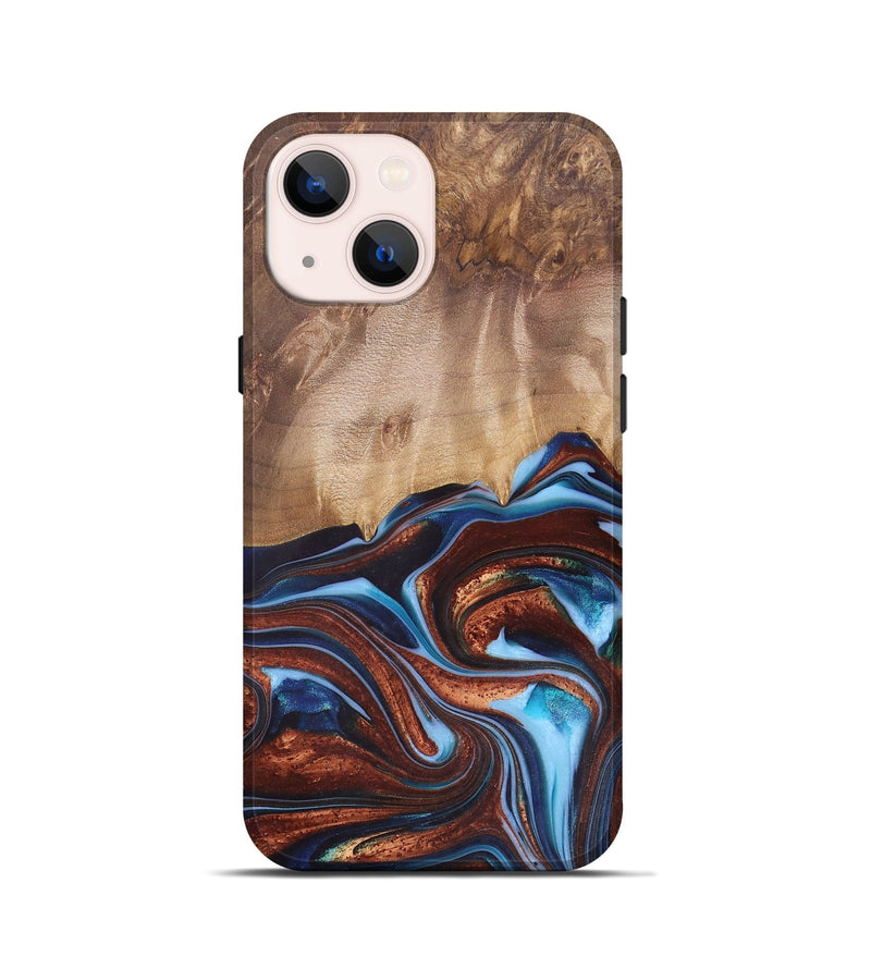 iPhone 13 mini Wood+Resin Live Edge Phone Case - Issac (Teal & Gold, 682470)