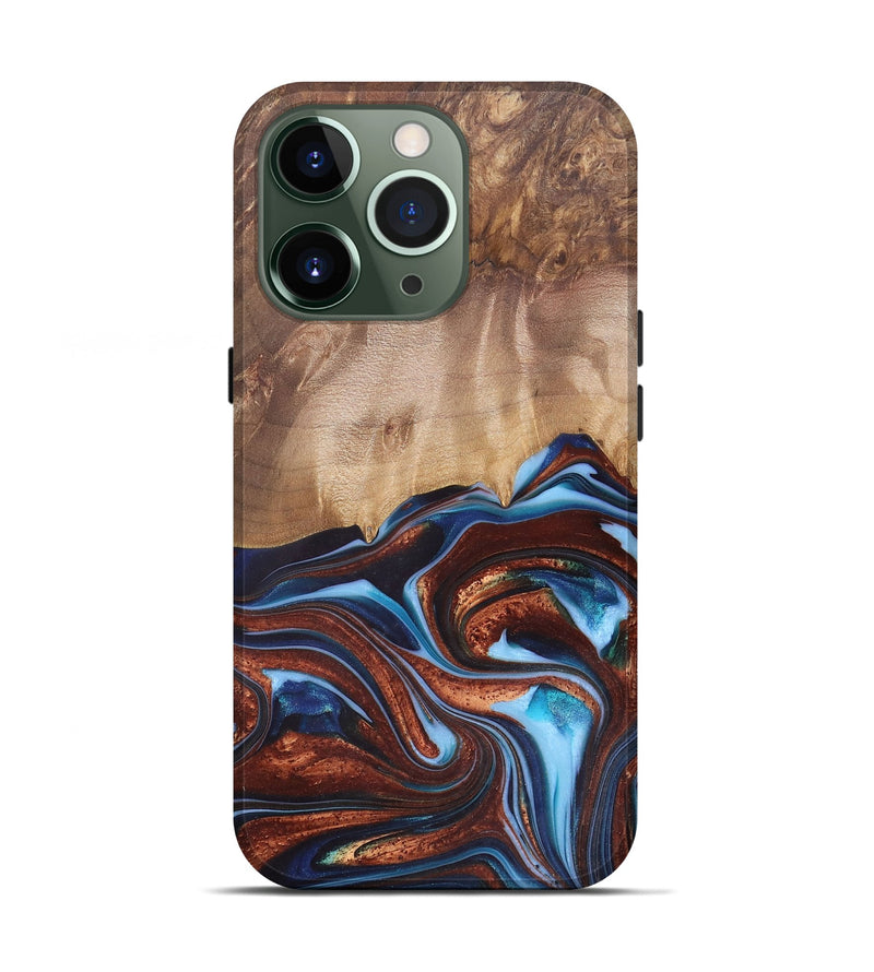 iPhone 13 Pro Wood+Resin Live Edge Phone Case - Issac (Teal & Gold, 682470)