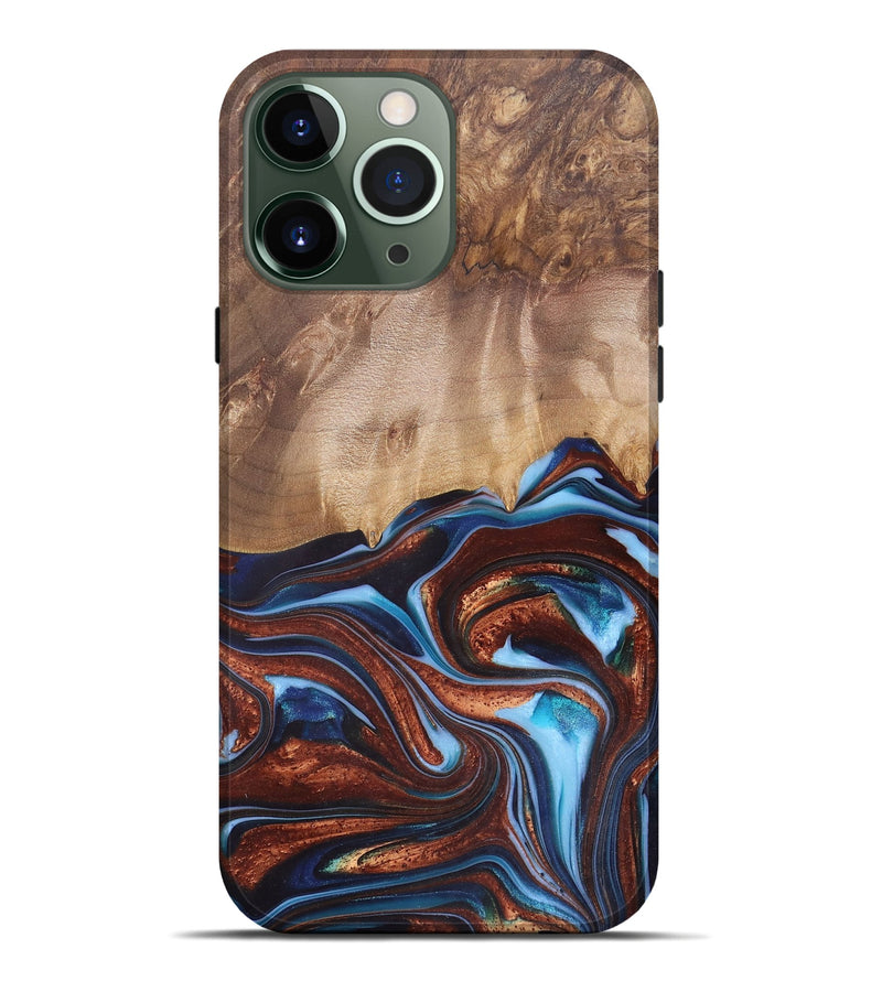 iPhone 13 Pro Max Wood+Resin Live Edge Phone Case - Issac (Teal & Gold, 682470)
