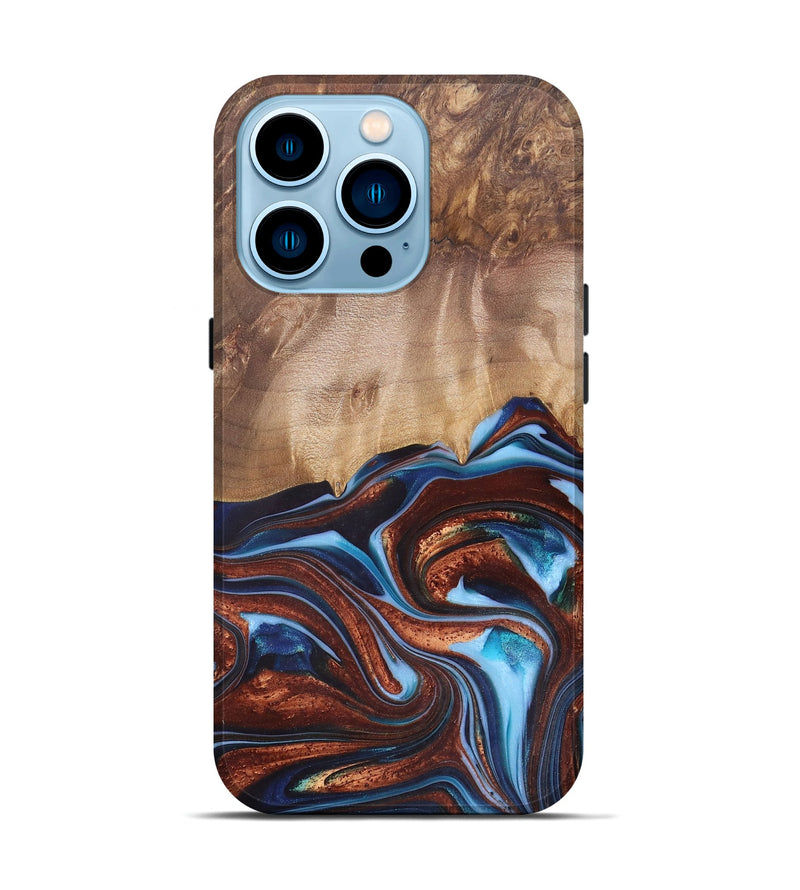 iPhone 14 Pro Wood+Resin Live Edge Phone Case - Issac (Teal & Gold, 682470)