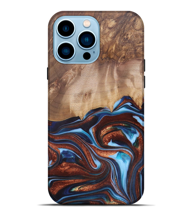 iPhone 14 Pro Max Wood+Resin Live Edge Phone Case - Issac (Teal & Gold, 682470)