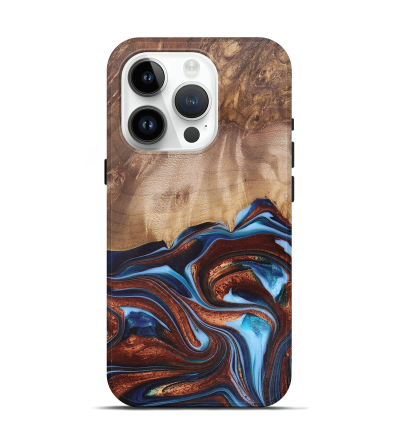 iPhone 15 Pro Wood+Resin Live Edge Phone Case - Issac (Teal & Gold, 682470)
