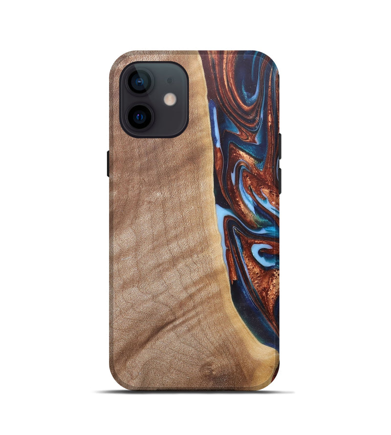 iPhone 12 mini Wood+Resin Live Edge Phone Case - Mekhi (Teal & Gold, 682472)