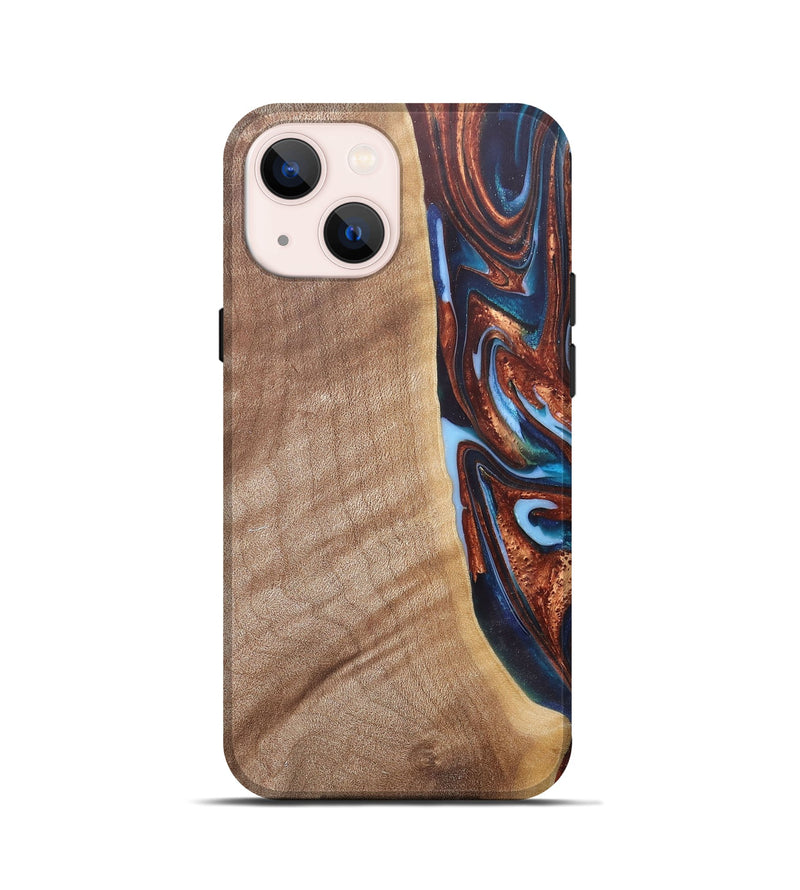 iPhone 13 mini Wood+Resin Live Edge Phone Case - Mekhi (Teal & Gold, 682472)