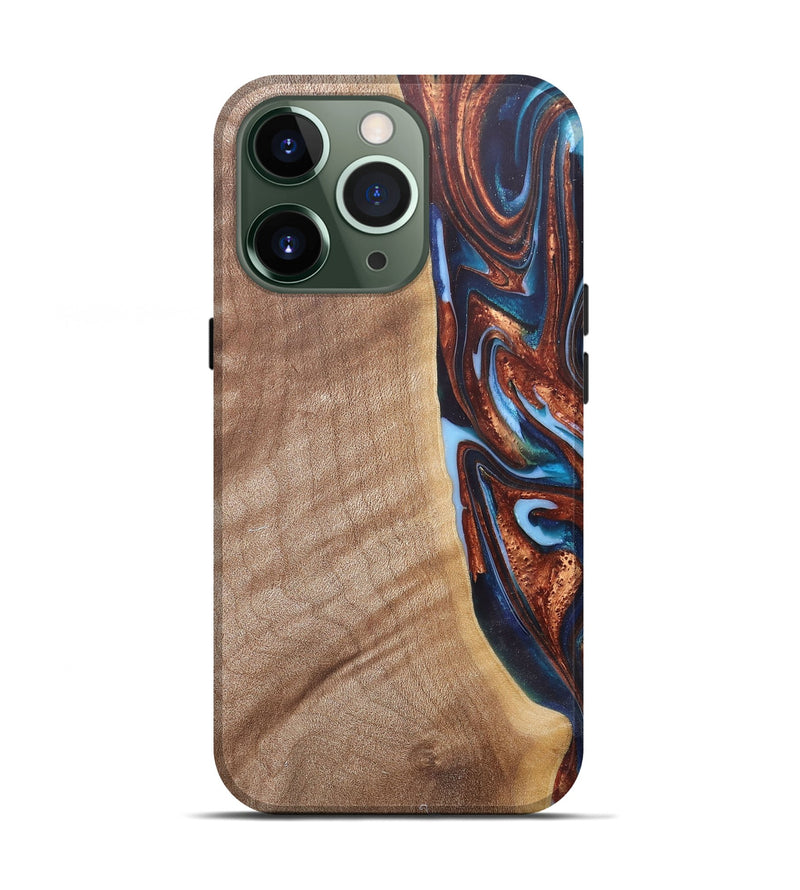 iPhone 13 Pro Wood+Resin Live Edge Phone Case - Mekhi (Teal & Gold, 682472)