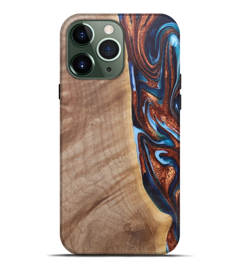 iPhone 13 Pro Max Wood+Resin Live Edge Phone Case - Mekhi (Teal & Gold, 682472)
