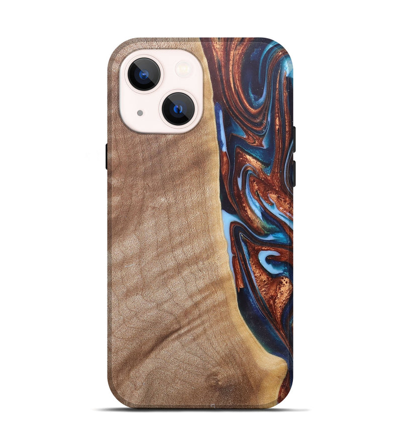 iPhone 14 Wood+Resin Live Edge Phone Case - Mekhi (Teal & Gold, 682472)