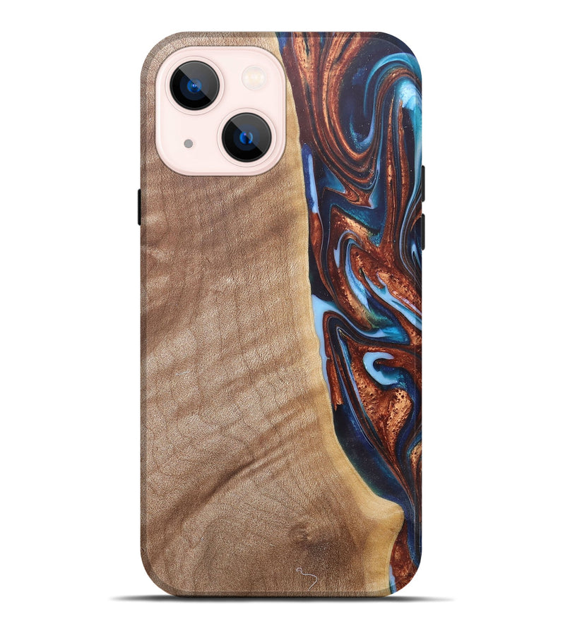 iPhone 14 Plus Wood+Resin Live Edge Phone Case - Mekhi (Teal & Gold, 682472)