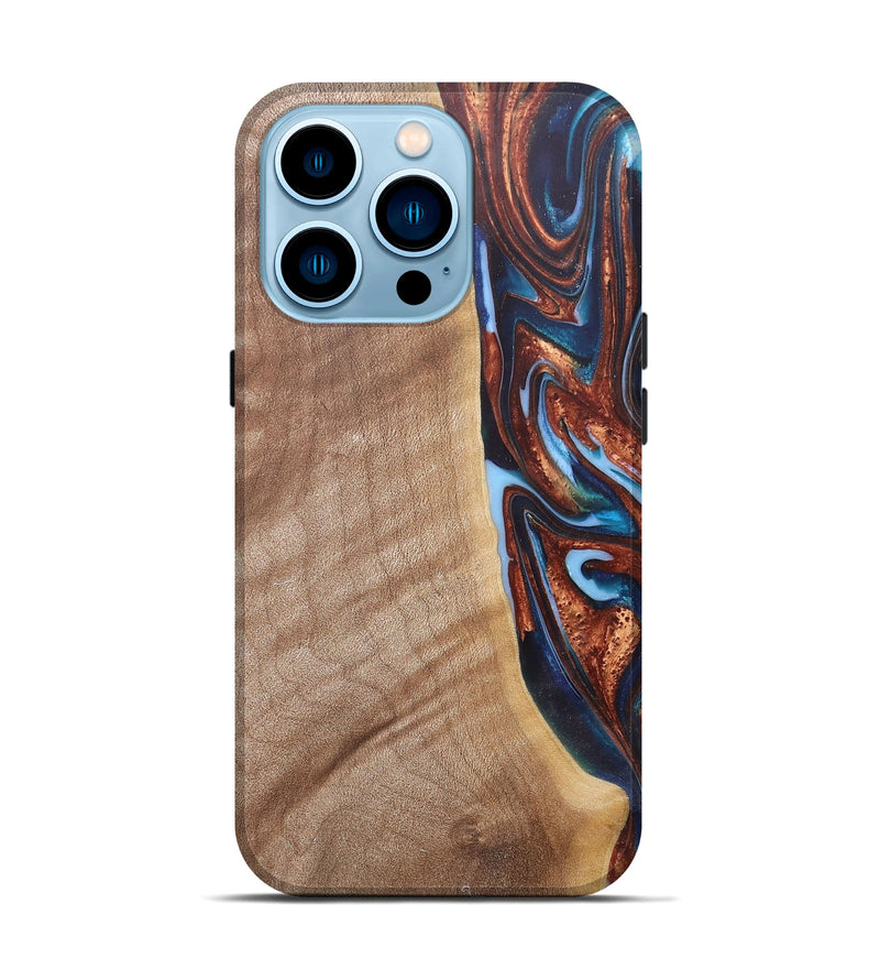 iPhone 14 Pro Wood+Resin Live Edge Phone Case - Mekhi (Teal & Gold, 682472)