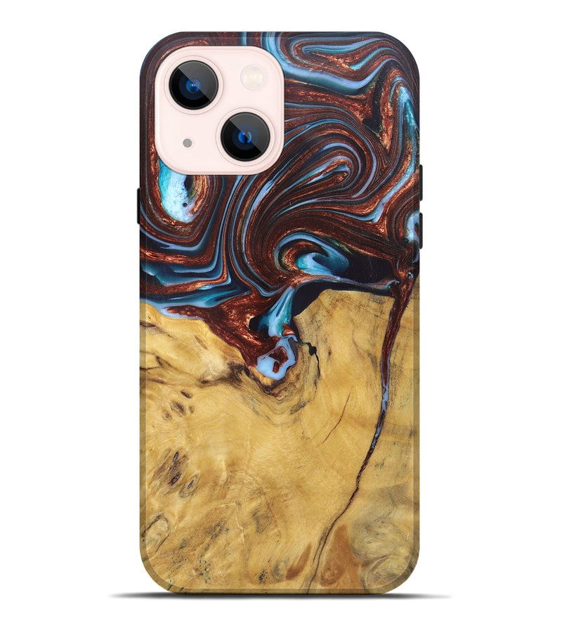 iPhone 14 Plus Wood+Resin Live Edge Phone Case - Giuliana (Teal & Gold, 682483)