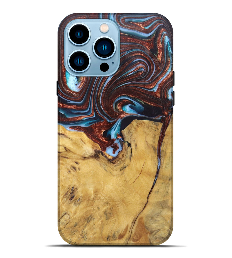 iPhone 14 Pro Max Wood+Resin Live Edge Phone Case - Giuliana (Teal & Gold, 682483)