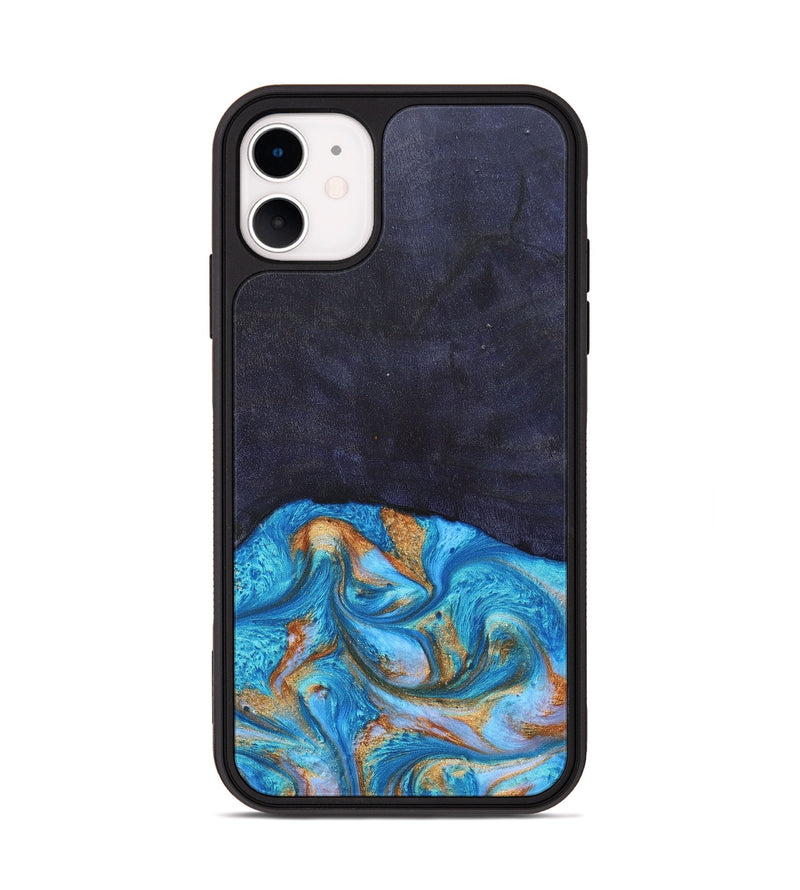 iPhone 11 Wood+Resin Phone Case - Leanne (Teal & Gold, 682576)