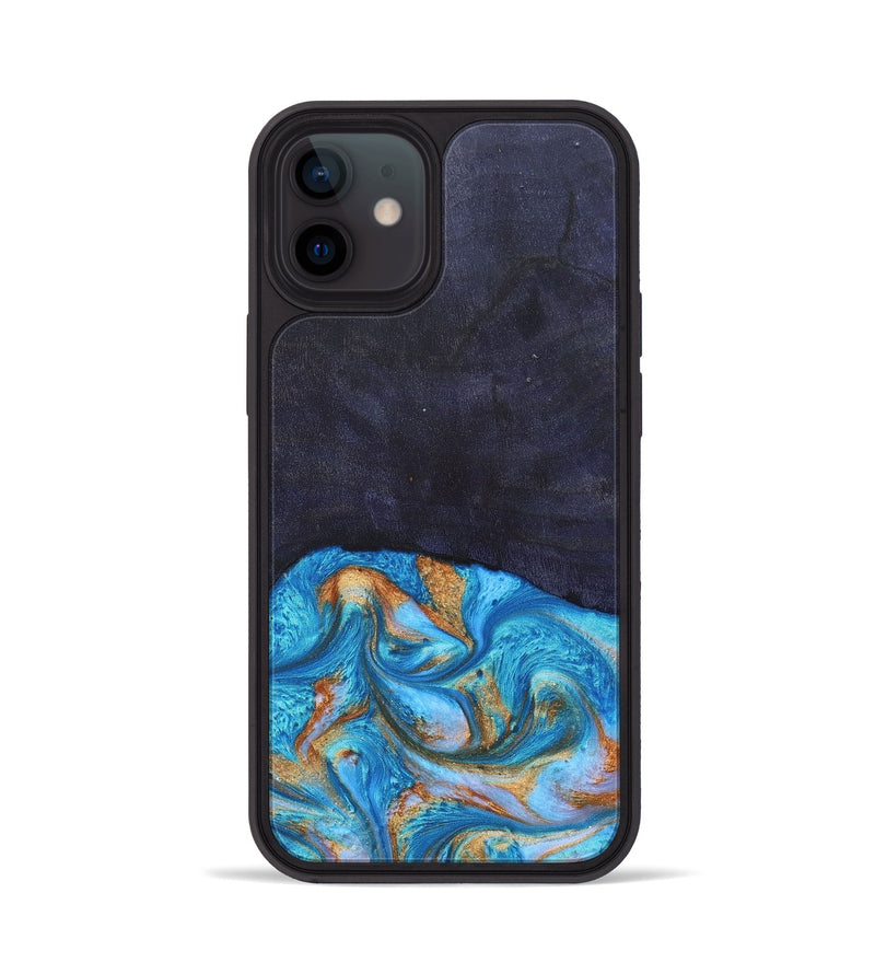iPhone 12 Wood+Resin Phone Case - Leanne (Teal & Gold, 682576)