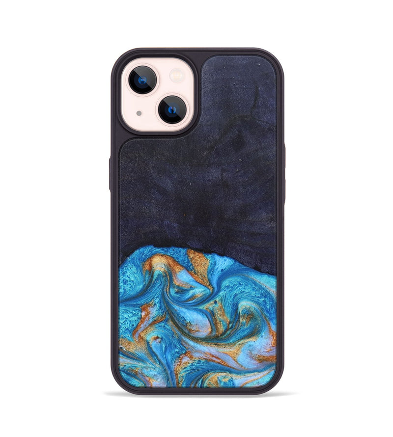 iPhone 14 Wood+Resin Phone Case - Leanne (Teal & Gold, 682576)