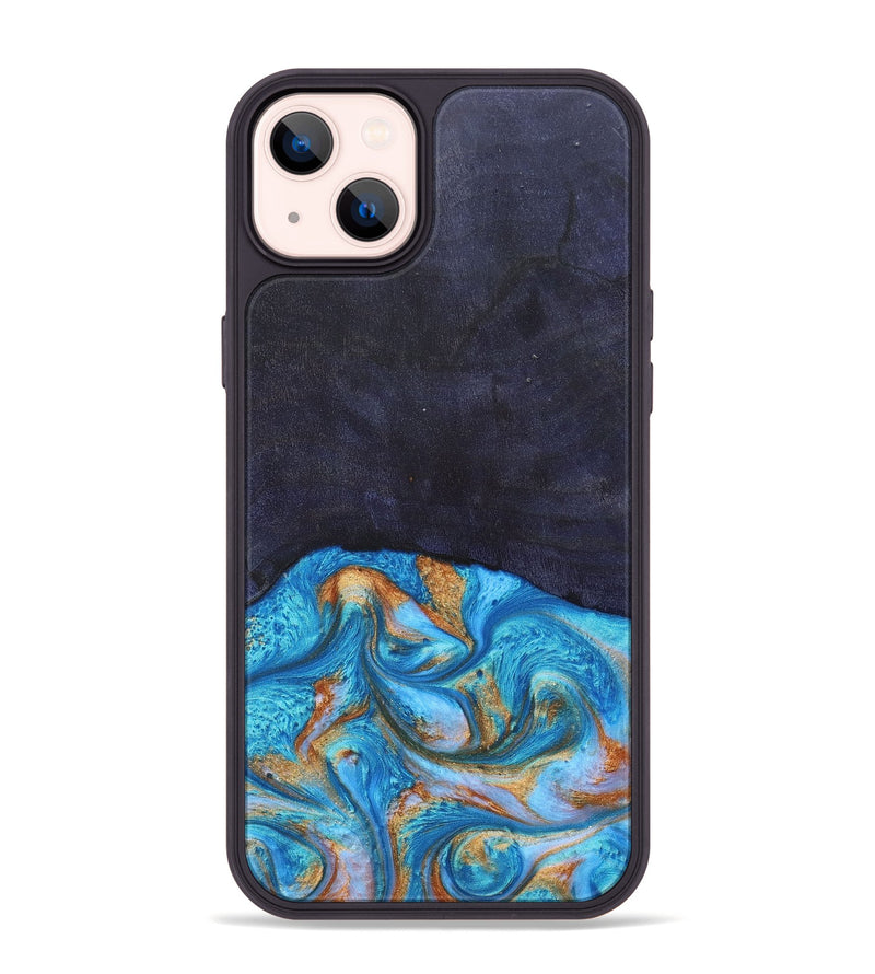 iPhone 14 Plus Wood+Resin Phone Case - Leanne (Teal & Gold, 682576)