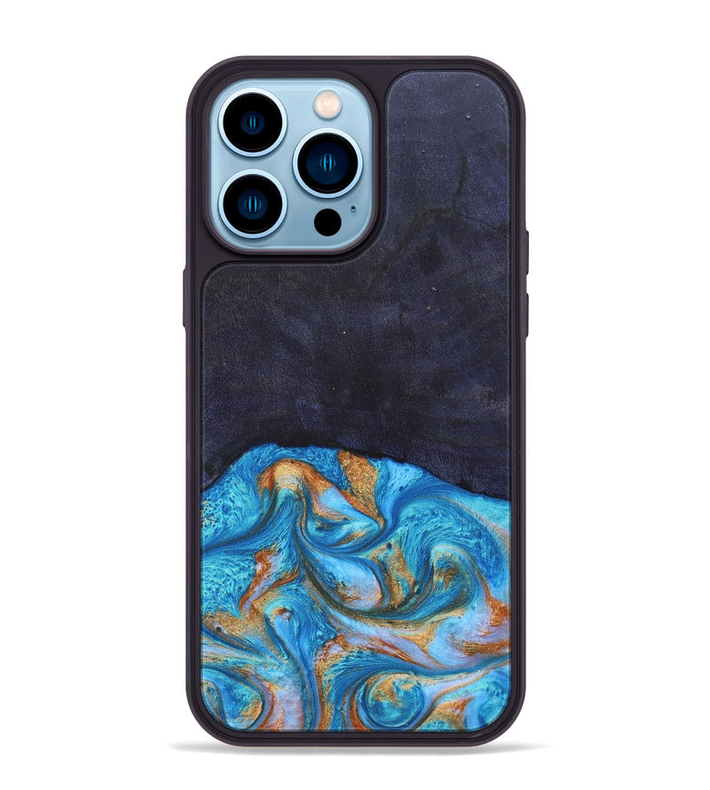 iPhone 14 Pro Max Wood+Resin Phone Case - Leanne (Teal & Gold, 682576)