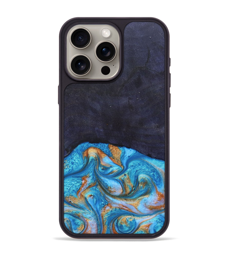 iPhone 15 Pro Max Wood+Resin Phone Case - Leanne (Teal & Gold, 682576)