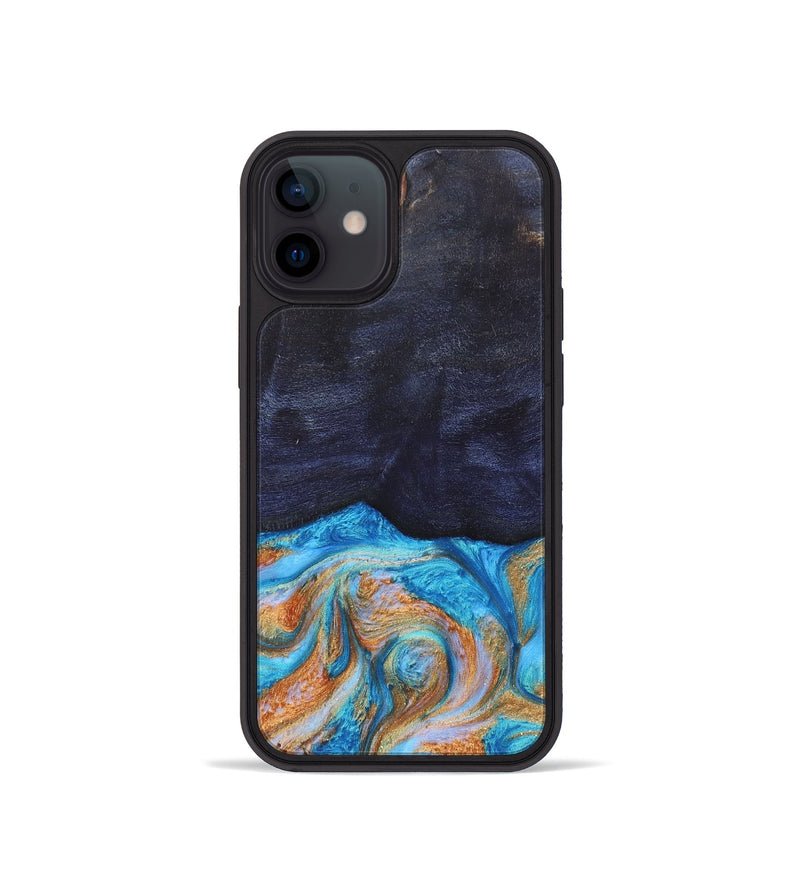iPhone 12 mini Wood+Resin Phone Case - Trista (Teal & Gold, 682589)