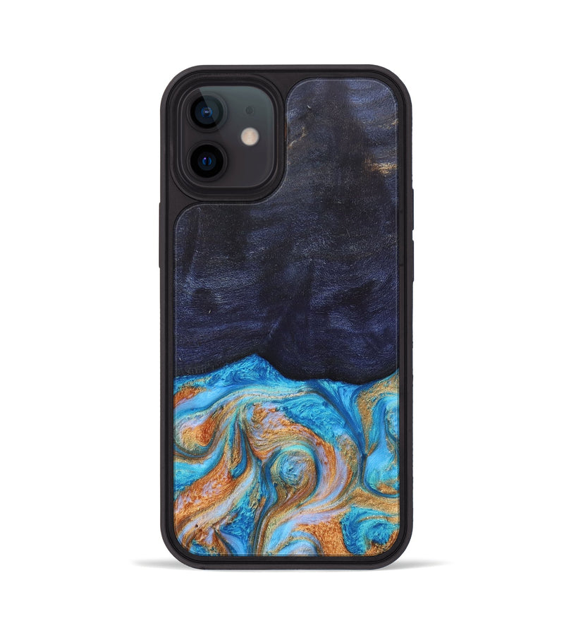 iPhone 12 Wood+Resin Phone Case - Trista (Teal & Gold, 682589)