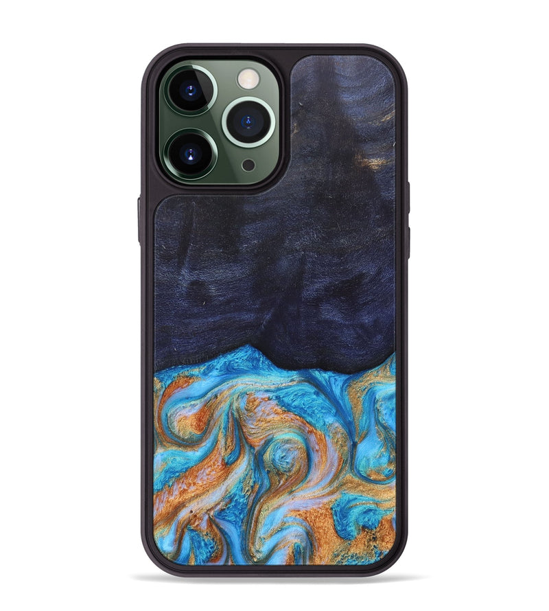 iPhone 13 Pro Max Wood+Resin Phone Case - Trista (Teal & Gold, 682589)