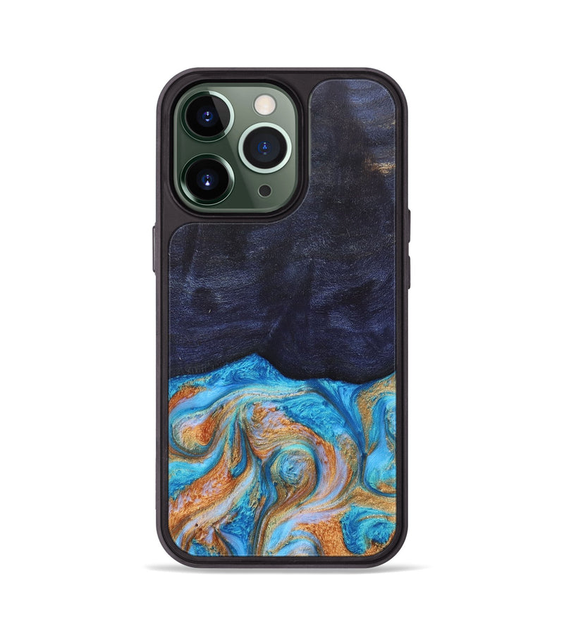 iPhone 13 Pro Wood+Resin Phone Case - Trista (Teal & Gold, 682589)