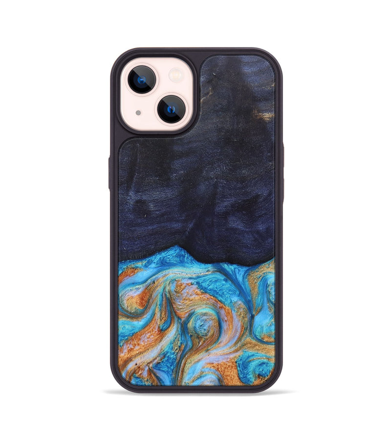 iPhone 14 Wood+Resin Phone Case - Trista (Teal & Gold, 682589)