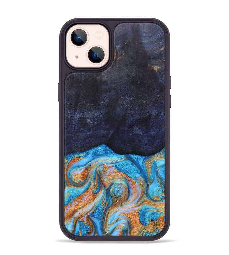 iPhone 14 Plus Wood+Resin Phone Case - Trista (Teal & Gold, 682589)