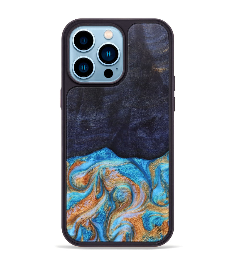iPhone 14 Pro Max Wood+Resin Phone Case - Trista (Teal & Gold, 682589)