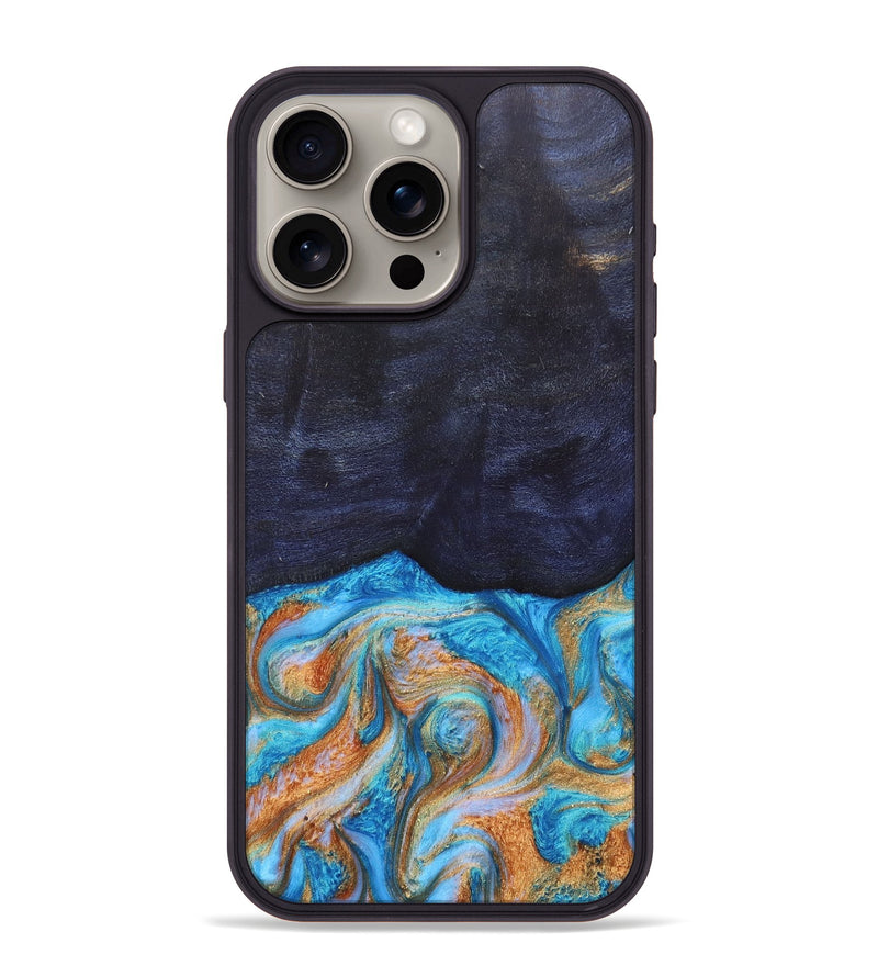 iPhone 15 Pro Max Wood+Resin Phone Case - Trista (Teal & Gold, 682589)