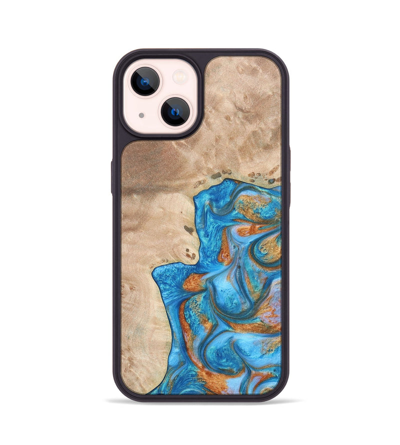 iPhone 14 Wood+Resin Phone Case - Betty (Teal & Gold, 682605)
